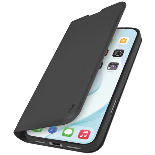 Czarne etui typu wallet book na smartfon z widocznym logo "sbs" na okładce, częściowo otwarte, ukazujące ekran telefonu z ikonami aplikacji. Na ekranie widoczne są ikony aplikacji takich jak Wiadomości, Muzyka, Home, Watch i Utilities.