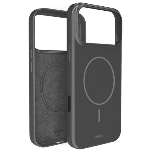 Ciemnoszare etui na telefon z okrągłym wzorem na tylnej części, widoczne z przodu i z tyłu. Na etui znajduje się logo "PURO".