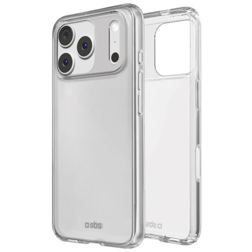 Przezroczyste etui na telefon z trzema otworami na aparaty i dodatkowymi wycięciami na przyciski oraz porty. Na dole etui widoczne jest logo "sbs".