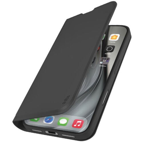 Czarne etui typu wallet book na smartfon z widocznym logo "sbs" na klapce, częściowo otwarte, ukazujące ekran telefonu z ikonami aplikacji. Na ekranie widoczne są ikony aplikacji takich jak Home, Watch, Utilities oraz inne standardowe aplikacje.