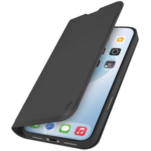 Czarne etui typu wallet book jest otwarte, ukazując ekran telefonu z ikonami aplikacji. Na etui widoczne jest logo "sbs".