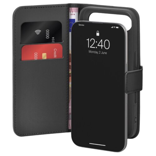 Czarne etui na telefon z funkcją portfela, zawierające dwie karty płatnicze i banknot, obok smartfona z wyświetlaczem pokazującym godzinę 12:40 i datę Monday, 2 June. Etui posiada zapięcie na pasek.