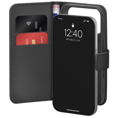 Czarne etui na telefon z funkcją portfela, zawierające dwie karty płatnicze i banknot, obok którego znajduje się smartfon z wyświetlaczem pokazującym godzinę 12:40 oraz datę "Monday, 2 June". Na ekranie telefonu widoczny jest symbol blokady i napis "Servi