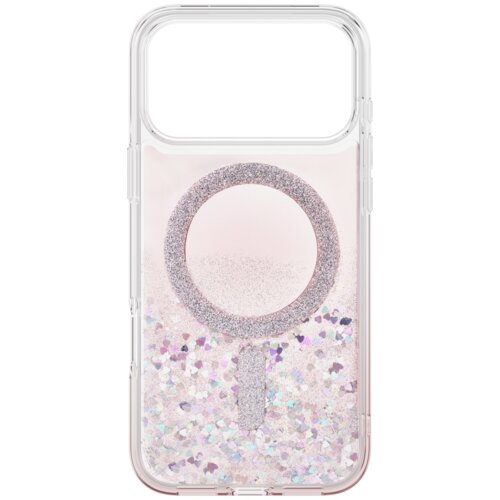 Przezroczyste etui z brokatowym wzorem w kształcie okręgu i serduszek, przeznaczone do modelu Apple iPhone 17 Pro Max. Produkt posiada funkcję magnetycznego ładowania.