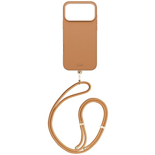 Brązowe etui na telefon z dużym otworem na aparat, posiadające pasek w tym samym kolorze, z widocznym napisem "Coehl" na dole. Etui ma gładką teksturę i metalowe elementy przy mocowaniu paska.