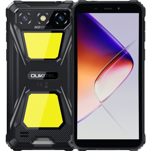 Czarny smartfon OUKITEL G5 z ekranem 6 cali, widoczny z przodu i z tyłu; z tyłu znajdują się dwa obiektywy aparatu, żółte akcenty oraz logo "OUKITEL". Na ekranie wyświetlany jest gradientowy obraz w odcieniach fioletu i pomarańczu.