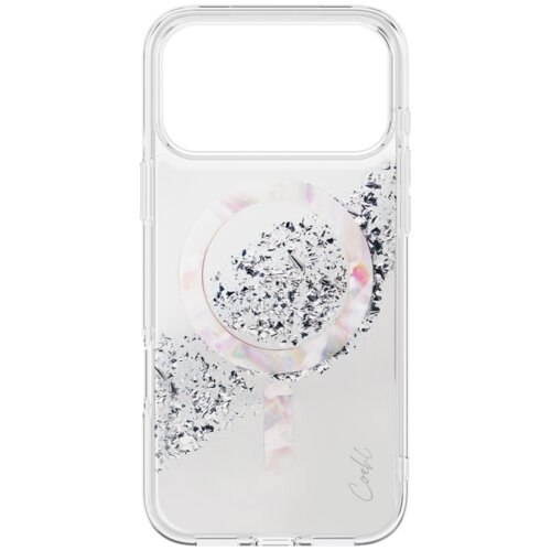 Przezroczyste etui na telefon z ozdobnymi, srebrnymi elementami w kształcie okręgu i linii, z widocznym napisem "Coehl" w dolnym rogu. Etui ma wycięcie na aparat i jest przeznaczone do modelu iPhone 17 Pro Max.