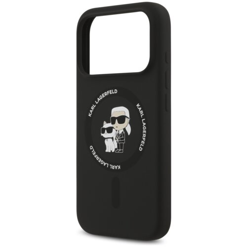 Czarne etui na telefon z okrągłym nadrukiem przedstawiającym postacie w okularach przeciwsłonecznych oraz napisem "KARL LAGERFELD" powtarzającym się wokół grafiki. Etui ma wycięcie na aparat oraz przyciski po boku.
