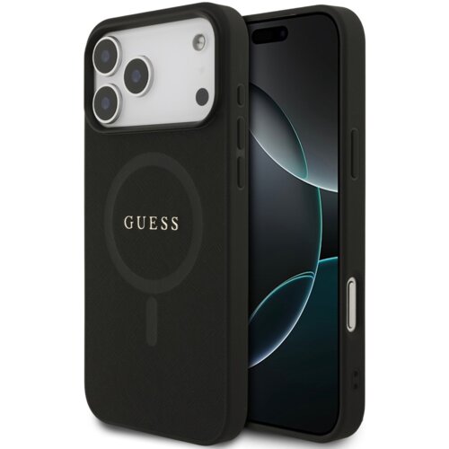 Czarne etui na telefon z widocznym logo "GUESS" oraz okrągłym wzorem na tylnej części, obok którego znajduje się telefon z wyświetlaczem pokazującym abstrakcyjny wzór. Etui posiada wycięcia na aparat i przyciski boczne.
