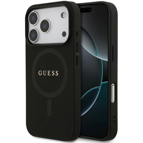 Czarne etui na telefon z widocznym logo "GUESS" oraz okrągłym wzorem MagSafe, obok którego znajduje się telefon z wyświetlaczem pokazującym abstrakcyjny wzór. Etui posiada wycięcia na aparat i przyciski boczne.