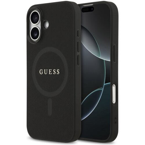 Czarne etui na telefon z widocznym logo "GUESS" na tylnej części, zaprojektowane z myślą o kompatybilności z MagSafe. Etui posiada wycięcia na aparat i przyciski, a jego powierzchnia ma teksturę przypominającą skórę saffiano.
