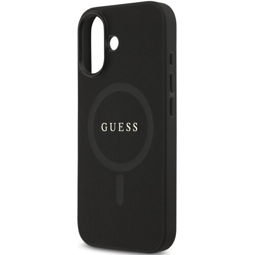 Czarne etui na telefon z wycięciem na aparat i przyciski, ozdobione centralnie umieszczonym napisem "GUESS" oraz okrągłym wzorem. Powierzchnia etui ma teksturę przypominającą skórę saffiano.
