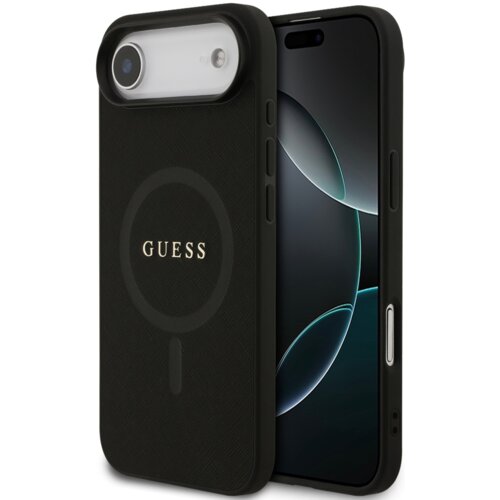 Czarne etui na telefon z widocznym napisem "GUESS" na tylnej części, z okrągłym wzorem wokół napisu. Obok etui znajduje się telefon z wyświetlaczem pokazującym abstrakcyjny wzór w ciemnych kolorach.