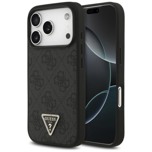 Czarne etui na telefon z teksturą i wzorem, ozdobione trójkątnym emblematem z napisem "GUESS U.S.A." oraz symbolem zapytania. Etui jest dopasowane do telefonu z trzema widocznymi obiektywami aparatu.