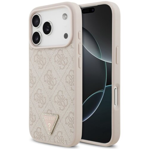 Etui na telefon w kolorze różowym z wzorem 4G i trójkątnym logo GUESS, zaprojektowane dla Apple iPhone 17 Pro, z funkcją MagSafe. Produkt ma wycięcia na aparat i przyciski oraz ozdobne elementy strass.