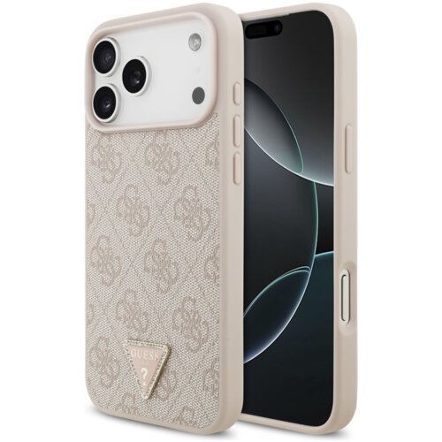 Etui na telefon w kolorze różowym z wzorem 4G i trójkątnym logo GUESS z napisem "GUESS" oraz znakiem zapytania. Etui jest przeznaczone do modelu Apple iPhone 17 Pro Max i posiada funkcję MagSafe.