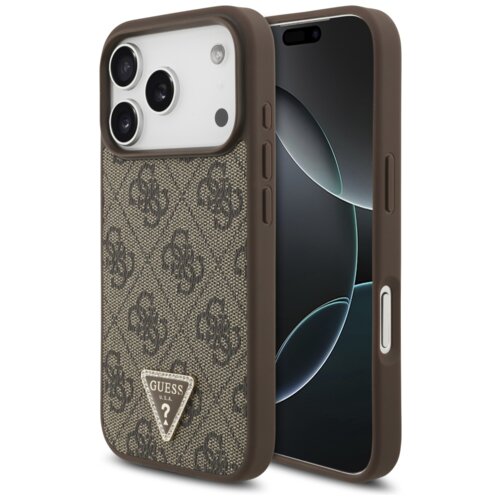 Brązowe etui na telefon z wzorem 4G i trójkątnym logo "GUESS U.S.A" z napisem "?" na dole. Etui jest przeznaczone do modelu Apple iPhone 17 Pro i posiada funkcję MagSafe.