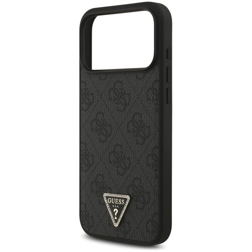 Czarne etui na telefon z teksturą w delikatny wzór, ozdobione trójkątnym emblematem z napisem "GUESS U.S.A." oraz symbolem zapytania. Etui posiada wycięcie na aparat i przyciski boczne.
