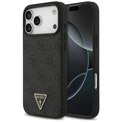 Czarne etui na telefon z teksturowanym wzorem i trójkątnym logo z napisem "GUESS U.S.A." oraz symbolem zapytania. Etui jest dopasowane do telefonu z trzema widocznymi obiektywami aparatu.