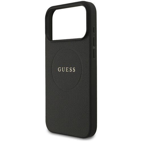Czarne etui na telefon z teksturą skóry, z dużym otworem na aparat i wytłoczonym logo "GUESS" w centralnej części. Na boku etui znajdują się dwa przyciski.
