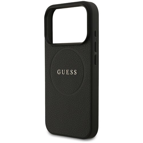 Czarne etui na telefon z teksturą skóry, z dużym otworem na aparat i napisem "GUESS" w centralnej części. Po bokach widoczne są przyciski.