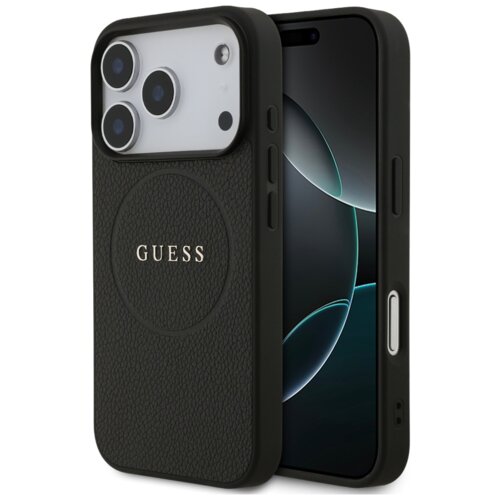 Czarne etui na telefon z teksturą skóry, z widocznym napisem "GUESS" w centralnej części. Etui posiada wycięcia na aparat i przyciski, a w tle widoczny jest ekran telefonu.