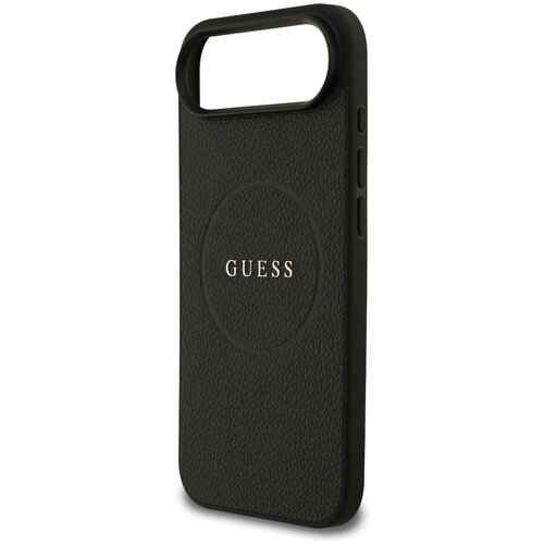 Czarne etui na telefon z teksturą przypominającą skórę, z wycięciem na aparat i napisem "GUESS" w centralnej części. Na boku etui znajdują się dwa przyciski.