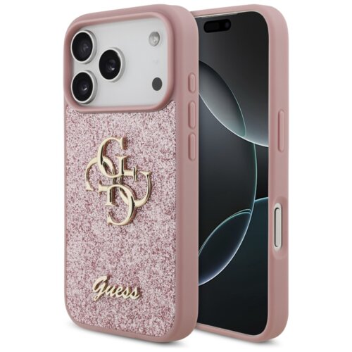 Różowe etui na telefon z brokatowym wykończeniem, ozdobione złotym logo "4G" oraz napisem "Guess". Etui jest przeznaczone dla modelu Apple iPhone 17 Pro.