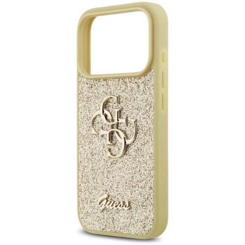 Złote etui na telefon z brokatowym wykończeniem, ozdobione dużym, metalicznym logo składającym się z liter "G" i "D". Na dole widoczny jest napis "Guess".