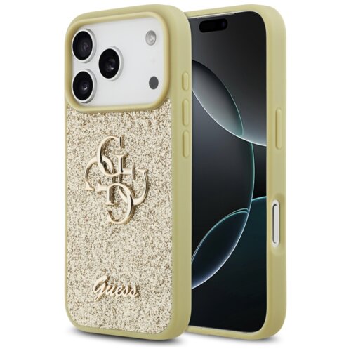Złote etui na telefon z brokatowym wykończeniem, ozdobione metalowym logo składającym się z liter "G" i "D", oraz napisem "Guess" na dole. Etui jest dopasowane do modelu telefonu z trzema widocznymi obiektywami aparatu.