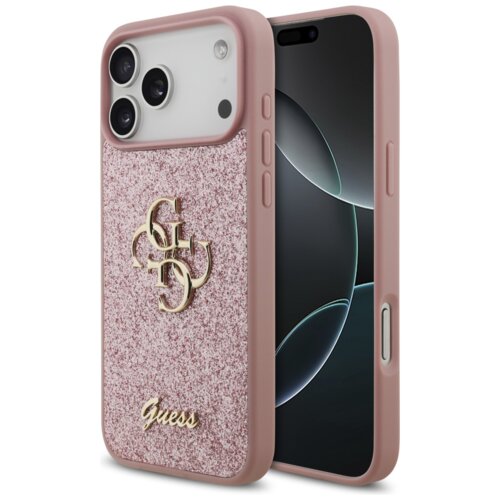 Różowe etui na telefon z brokatowym wykończeniem, ozdobione złotym logo "4G" oraz napisem "Guess" na dole. Etui jest przeznaczone do modelu Apple iPhone 17 Pro Max.