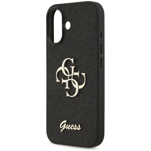 Czarne etui na telefon z teksturą, ozdobione złotym logo składającym się z liter "G" i "U" oraz napisem "Guess" na dole. Etui ma wycięcia na aparat i przyciski boczne.