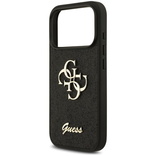 Czarne etui na telefon z teksturą brokatu, ozdobione złotym logo składającym się z liter "G" i "C", oraz napisem "Guess" na dole. Etui ma duży otwór na aparat i przyciski boczne.