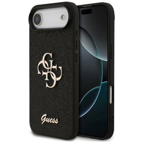 Czarne etui na telefon z widocznym logo "Guess" oraz ozdobnym wzorem z literami "G" i "U" na tylnej części. Etui jest założone na telefon, którego ekran jest częściowo widoczny.