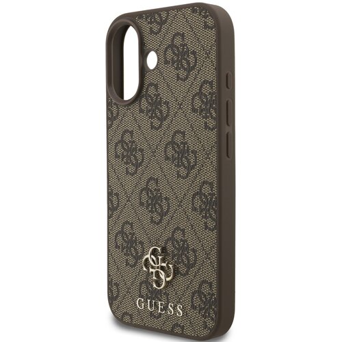 Brązowe etui na telefon z wzorem w logo 4G, posiada wycięcia na aparat i przyciski. Na dole widoczny jest napis "GUESS" oraz metalowe logo marki.