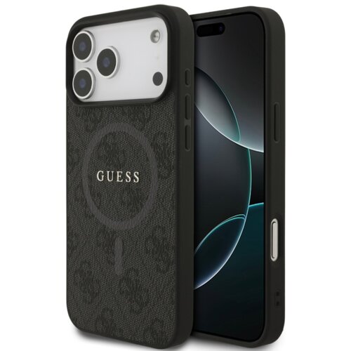 Czarne etui na telefon z widocznym logo "GUESS" oraz wzorem w kształcie okręgu, zaprojektowane dla modelu iPhone z trzema aparatami. Obok etui znajduje się telefon z wyświetlaczem pokazującym abstrakcyjny wzór.