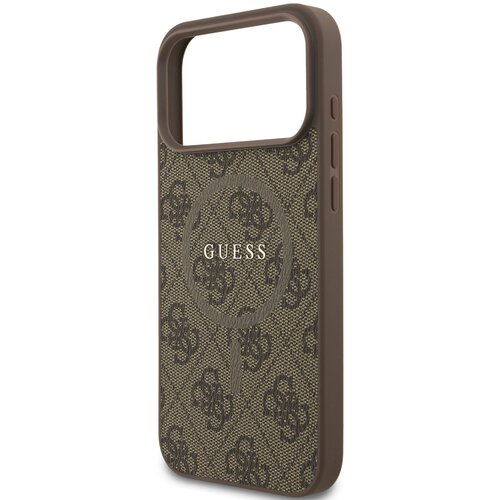 Brązowe etui na telefon z teksturą w drobne wzory i dużym okręgiem, w którym znajduje się napis "GUESS". Etui ma wycięcie na aparat oraz przyciski boczne.