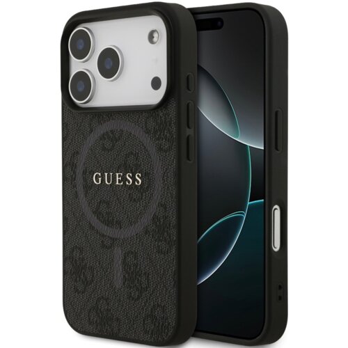 Czarne etui na telefon z widocznym logo "GUESS" na tylnej części, posiada wzór z delikatnymi motywami oraz okrągły kształt na środku. Obok etui znajduje się telefon z wyświetlaczem pokazującym abstrakcyjny, ciemny motyw graficzny.