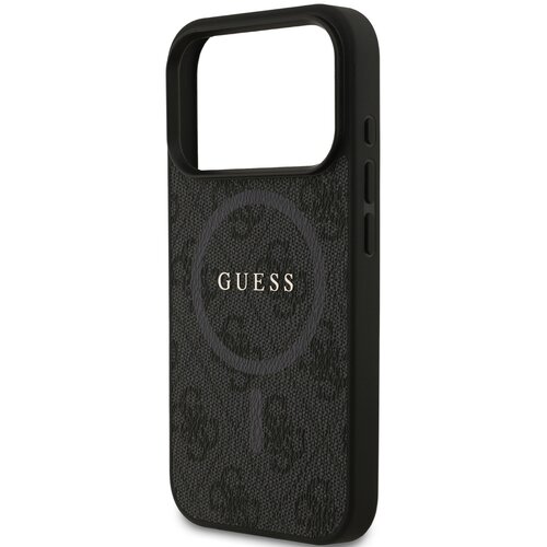 Czarne etui na telefon z teksturą i wzorem, na którym widnieje napis "GUESS" w centralnej części. Etui posiada wycięcie na aparat oraz przyciski boczne.