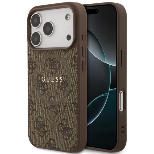 Brązowe etui na telefon z wzorem 4G i napisem "GUESS" na środku, zaprojektowane dla modelu iPhone z trzema aparatami. Etui posiada wycięcia na przyciski i porty, a jego powierzchnia ma teksturę przypominającą tkaninę.