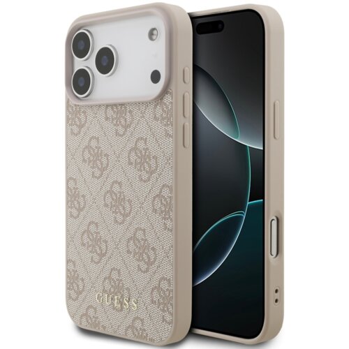 Różowe etui na telefon z widocznym wzorem 4G i napisem "GUESS" na dole, zaprojektowane dla modelu Apple iPhone 17 Pro Max. Etui ma wycięcia na aparat i przyciski boczne.