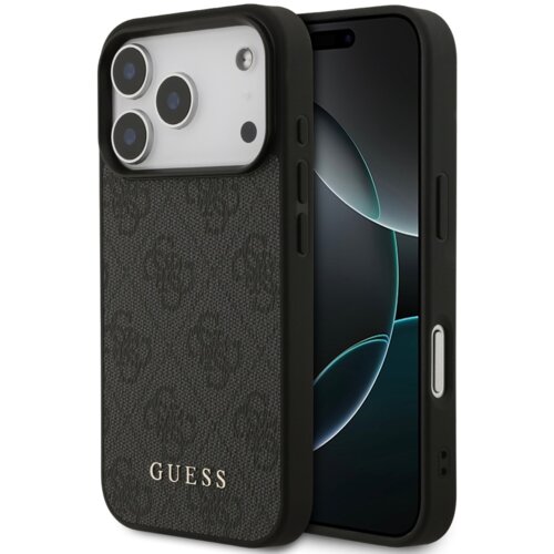 Czarne etui na telefon z teksturowanym wzorem i napisem "GUESS" w dolnej części, widoczne na tle telefonu z trzema obiektywami aparatu. Etui ma wycięcia na przyciski i porty urządzenia.