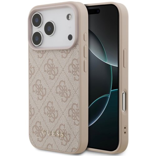 Etui na telefon w kolorze różowym z wzorem 4G i logo "GUESS" na dole, przeznaczone dla modelu Apple iPhone 17 Pro. Etui posiada wycięcia na aparat i przyciski boczne.