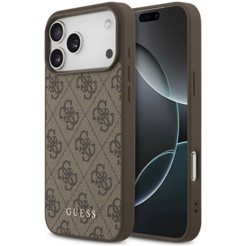 Brązowe etui na telefon z wzorem 4G i napisem "GUESS" na dole, zaprojektowane dla modelu Apple iPhone 17 Pro Max. Etui posiada wycięcia na aparat i przyciski boczne.