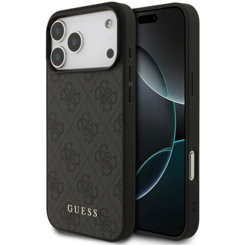 Czarne etui na telefon z teksturowanym wzorem i napisem "GUESS" na dole. Obok etui widoczny jest telefon z ciemnym ekranem.