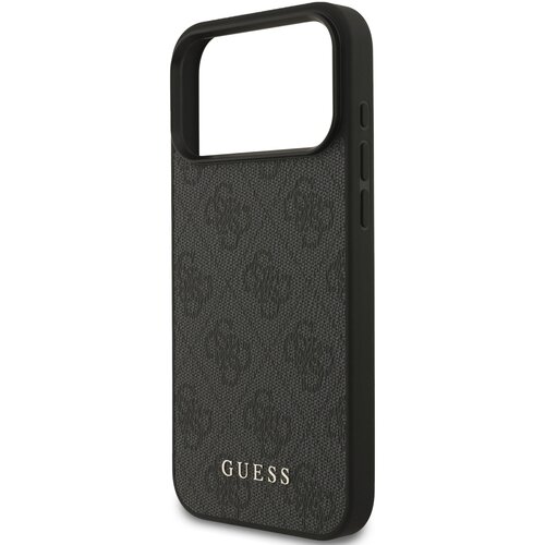 Czarne etui na telefon z teksturowanym wzorem i wycięciem na aparat, z widocznym napisem "GUESS" na dole. Po bokach znajdują się przyciski, a całość ma elegancki wygląd.
