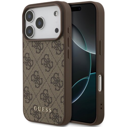 Brązowe etui na telefon z wzorem 4G i napisem "GUESS" na dole, przeznaczone dla modelu Apple iPhone 17 Pro. Etui ma wycięcia na aparat i przyciski, a jego powierzchnia jest teksturowana.
