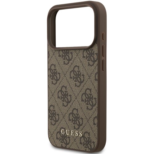 Brązowe etui na telefon z wzorem w ciemniejsze logo, z wycięciem na aparat i przyciski po boku. Na dole widoczny jest napis "GUESS".