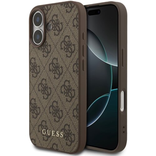 Brązowe etui na telefon z wzorem 4G i logo "GUESS" w dolnej części, zaprojektowane dla Apple iPhone 17. Etui ma wycięcia na aparat i przyciski boczne.