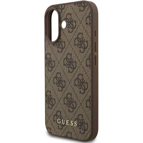 Brązowe etui na telefon z wzorem w ciemne, symetryczne logo, z wycięciami na aparat i przyciski. Na dole widoczny jest napis "GUESS" w jasnym kolorze.